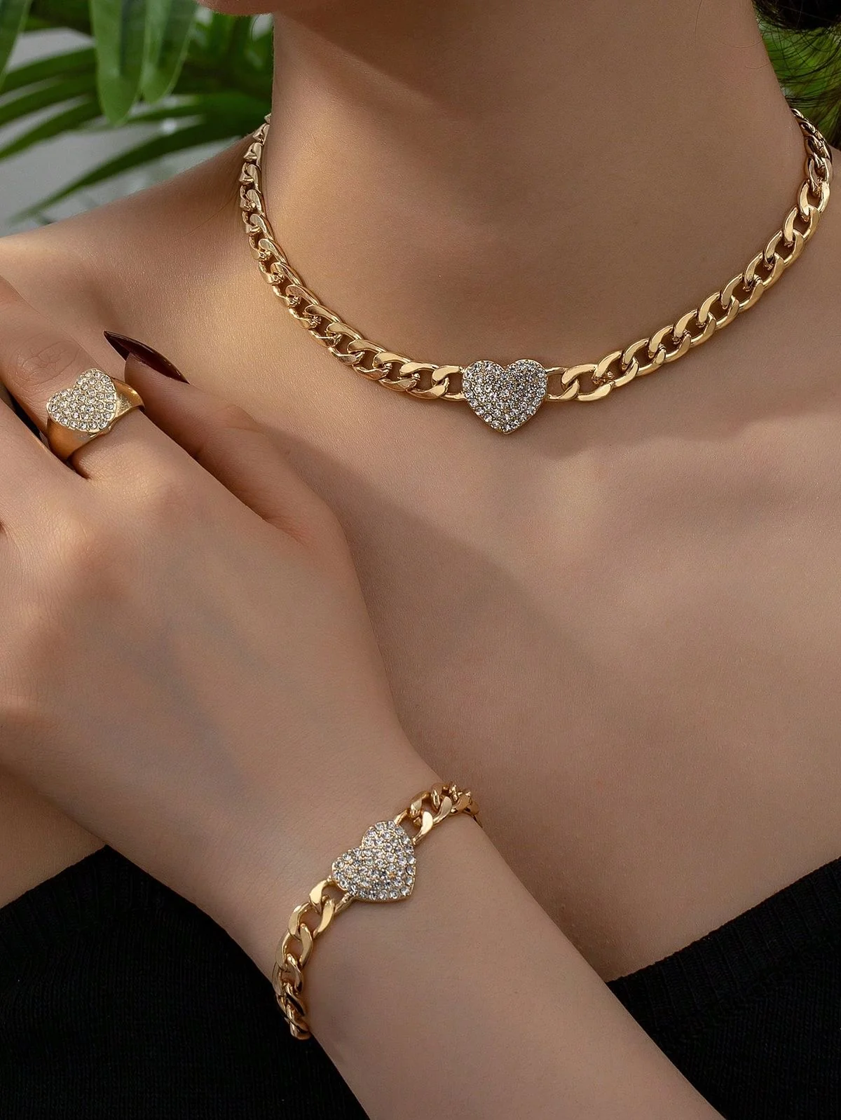 Premium heart combo set — pave heart necklace, bracelet and ring in gold